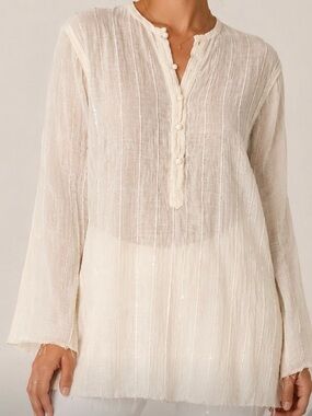 Maiwa Ivory Sheer Gauze Sequin Pintuck Tunic Blouse Top S